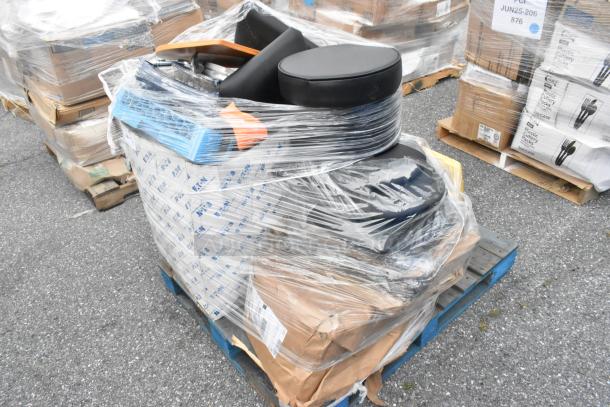 9 brand new scratch and dent items including a mobile mixing bowl cart and stool cushions, wrapped on a pallet.