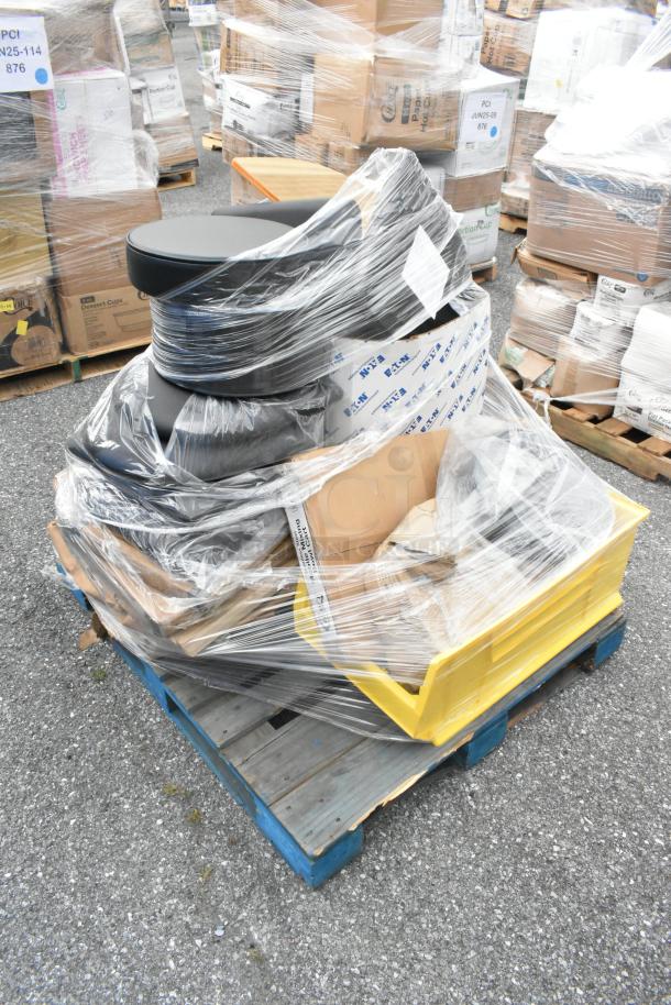 9 brand new scratch and dent items on pallet, including mobile mixing bowl cart and stool cushions, wrapped in plastic.