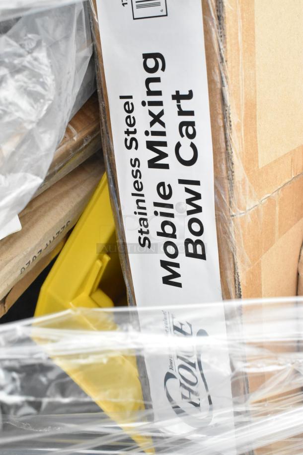 Stainless steel mobile mixing bowl cart in packaging. New condition, scratch and dent sale. Brand: Choice.