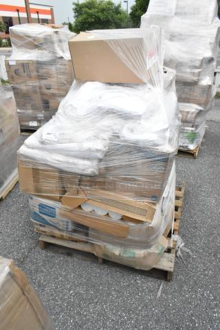 Pallet with 25 brand new scratch and dent items, including lids, take-out pans, and napkins, wrapped in plastic.