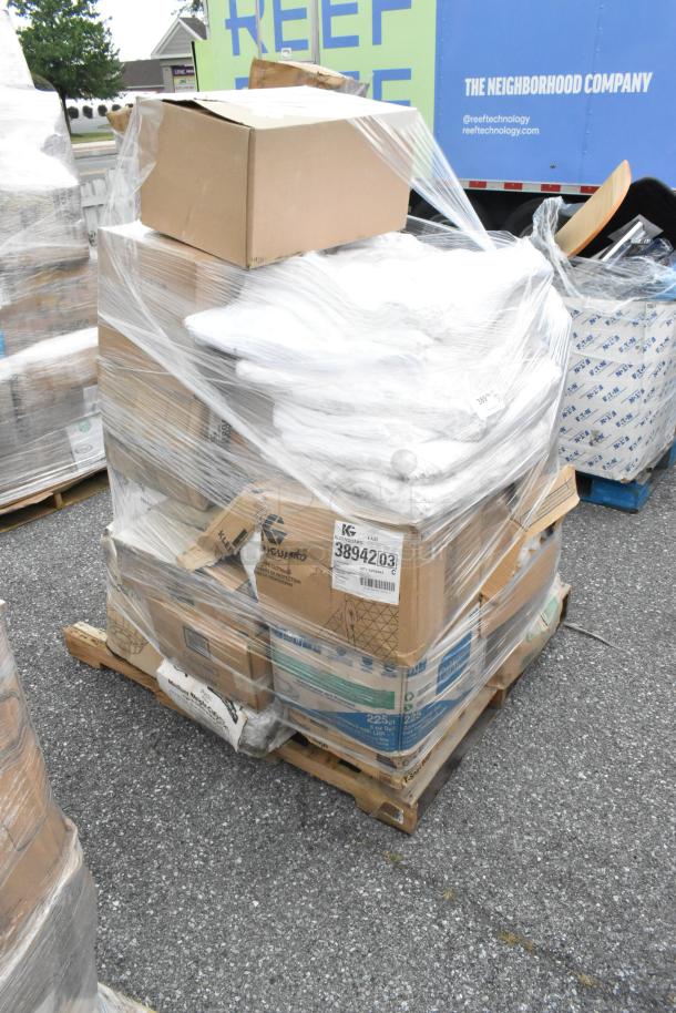 Sealed pallet of 25 brand new scratch and dent items, including lids, takeout pans, and napkins. Boxes labeled Kateron.