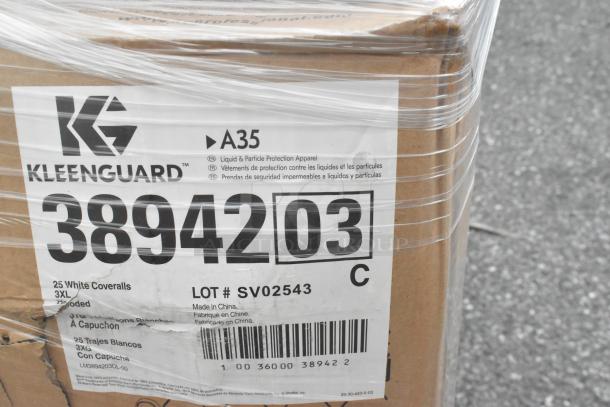 Box labeled "Kleenguard A35" with protective apparel, size 3XL. Includes 25 white coveralls. Lot #SV02543, made in China.
