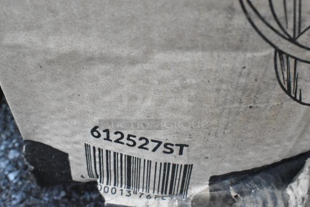 Cardboard box with barcode and number 612527ST, part of a lot of 25 scratch-and-dent items including lids and takeout pans.