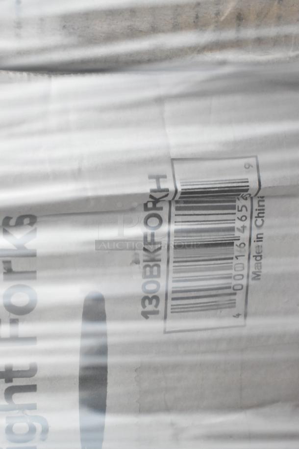 Brown cardboard package labeled "130BKFORK" with a barcode, wrapped in plastic. Includes new take-out essentials.