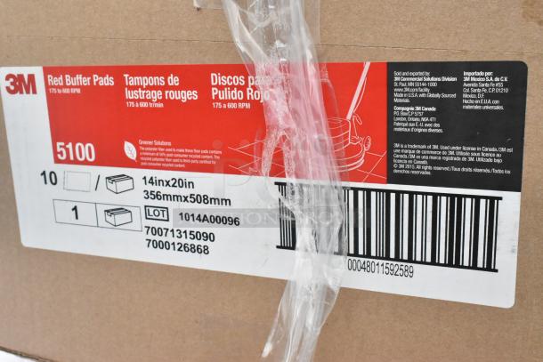 Cardboard box labeled "3M Red Buffer Pads," 14in x 20in, 10 pads per box, Lot 1014A00096, featuring a barcode and company details.