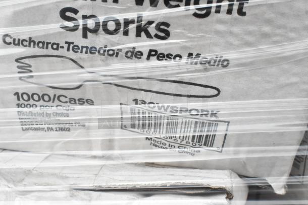 Box of 1000 medium weight sporks wrapped in plastic. Label indicates "Distributed by Choice" and "Made in China." Model: 130WSPORK.