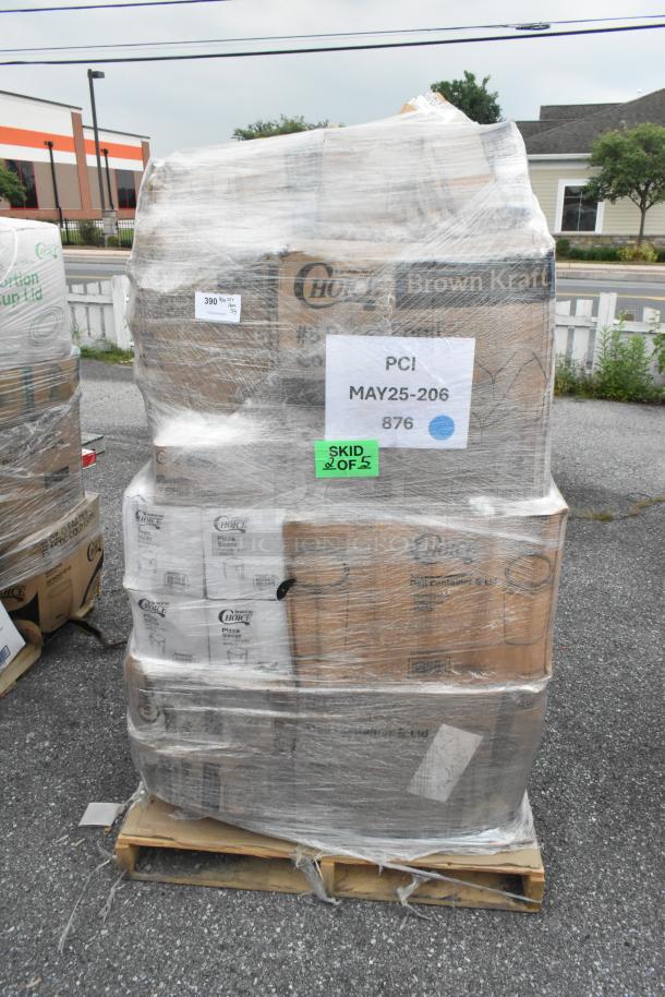 Pallet of 33 brand new scratch and dent items including to-go containers, forks, containers, and nacho trays, wrapped in plastic.