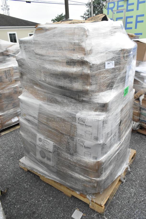 Pallet of 33 brand new scratched and dented items, including to-go containers, forks, and nacho trays wrapped in plastic.