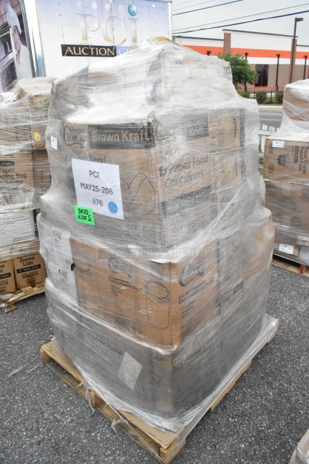 Pallet of assorted new scratch and dent food containers, forks, and nacho trays, wrapped and labeled for auction.