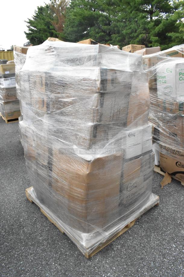 33 brand new scratch and dent items on a pallet, wrapped in plastic, including to-go containers, forks, and nacho trays.