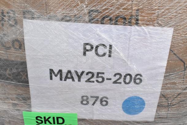 Plastic-wrapped skid labeled "PCI MAY25-206" containing 33 brand new scratch and dent items, including to-go containers and trays.