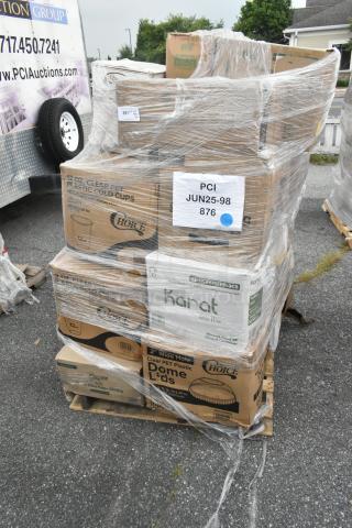 Plastic-wrapped pallet with 34 brand new items, including Choice plastic cold cups, Karat containers, marked PCI JUN25-98 876.