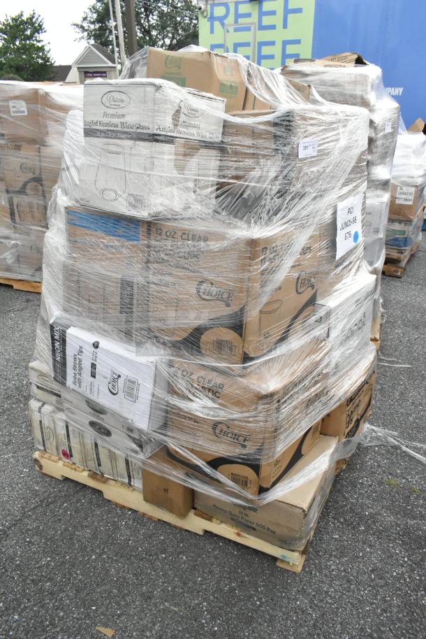 Pallet of 34 brand new scratch and dent items, including straws, napkins, plates. Boxes wrapped in plastic, various labels visible.