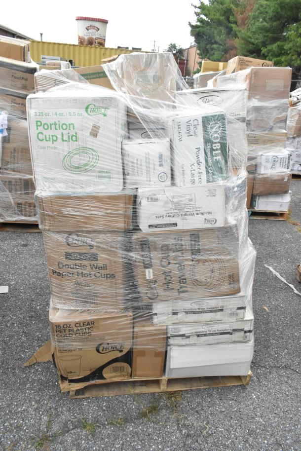 Shrink-wrapped pallet of assorted new items, including cups, lids, napkins, plates, with visible "Choice" and "Noble" branding.