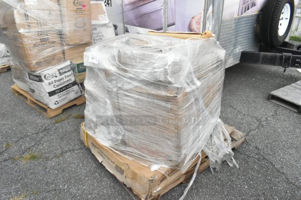 Wrapped pallet with boxes labeled "Paper Food Containers," "Plastic Cutlery Packs," and others. Contains new scratch and dent items.