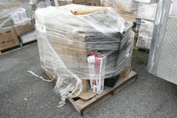 Pallet of 12 brand new scratch and dent items, wrapped in plastic. Includes glasses, shelves, dustpan.