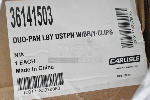 Cardboard box label for Carlisle Duo-Pan Lobby Dustpan with brush/clip, made in China, barcode shown, dated 10/31/2024.