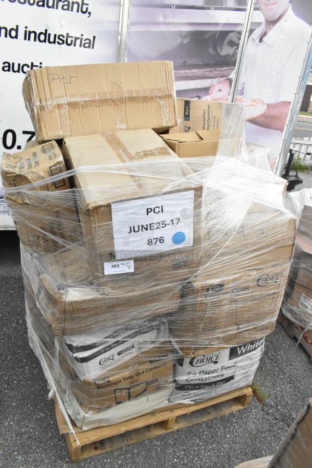 Pallet of 30 new, scratch and dent boxes containing napkins, to-go containers, cold cups, trash bags; labeled "PCI JUNE25-17 876."