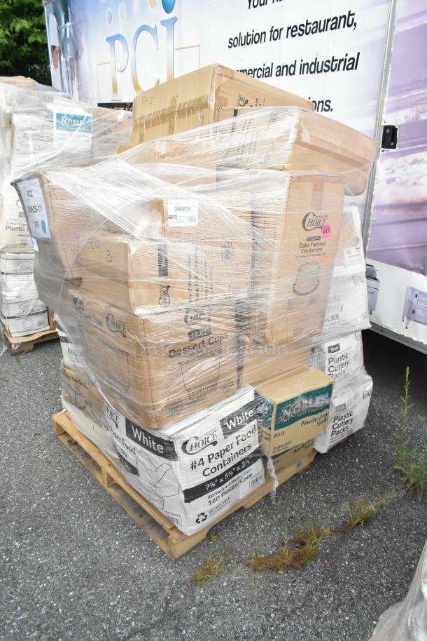 Pallet of 30 brand new scratch-and-dent items including boxed napkins, to-go containers, cold cups, and trash bags.