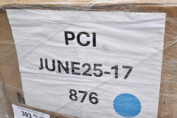 Cardboard box wrapped in plastic labeled "PCI JUNE25-17 876," containing 30 new scratch and dent items like napkins and cups.
