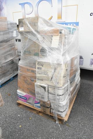 Pallet of 32 boxed items including plastic forks, cups, napkins, and to-go containers; shrink-wrapped and labeled "394".