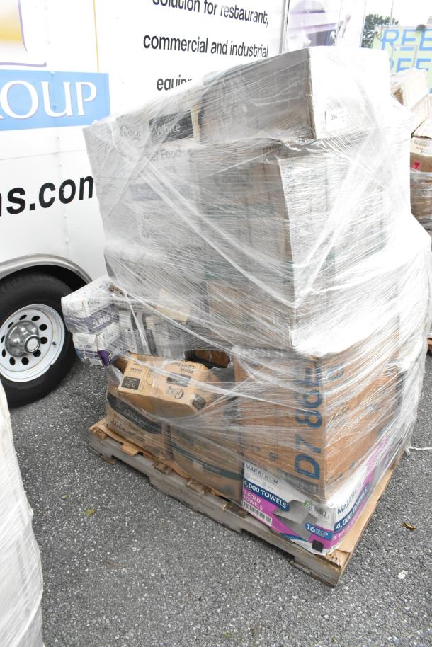 Pallet with 32 brand new scratch and dent items, shrink-wrapped. Includes to-go containers, forks, cups, napkins.