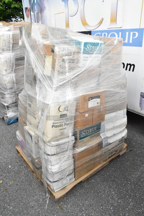 Pallet of 32 brand new scratch and dent items, including to-go containers, forks, cups, and napkins, wrapped in plastic.