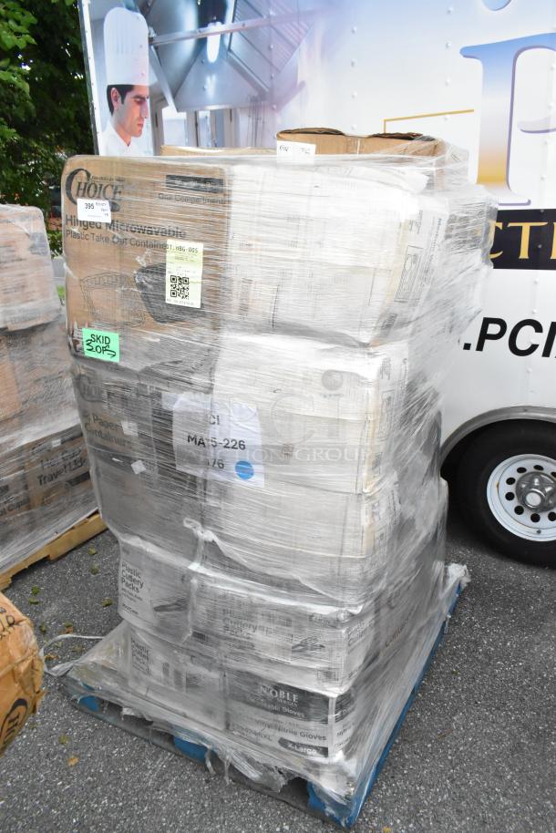 Pallet of 28 brand new scratch and dent items wrapped in plastic, including containers and napkins, visible labels.