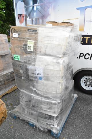 Pallet of 28 brand new scratch and dent items wrapped in plastic, including containers and napkins, visible labels.