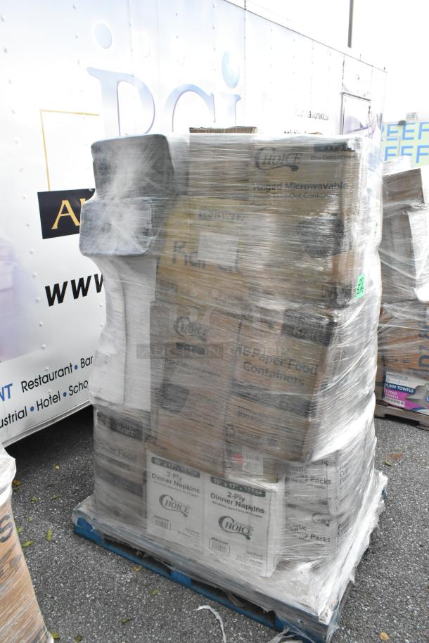 Pallet of 28 new scratch and dent items, including toilet paper, containers, and napkins, wrapped in plastic.