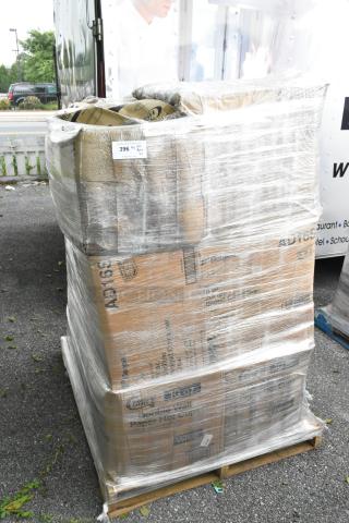 Pallet with 21 new scratch and dent items, wrapped in plastic. Includes trash bags, plates, and containers. Boxes labeled "AD169".