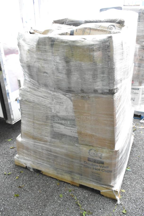 Shrink-wrapped pallet of 21 assorted scratch and dent items, including trash bags, containers, and plates. Visible labels on boxes.