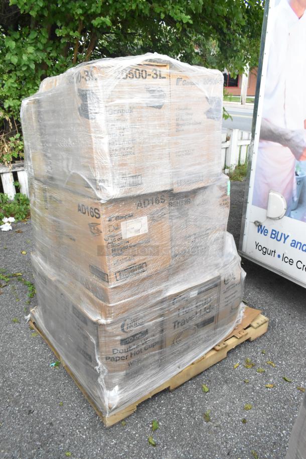 Pallet of 21 boxed items, including trash bags and containers, wrapped in plastic, marked "Genpak" and "Dart." Scratch and dent stock.