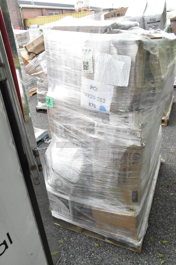 Pallet of 21 brand new scratch and dent items, including trash bags, containers, and plates. Wrapped for delivery.
