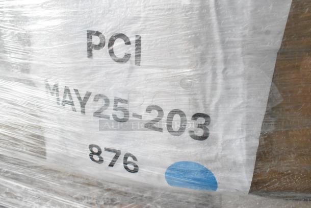 Pallet of 21 brand new scratch and dent items including trash bags and containers, wrapped in plastic, marked "PCI MAY25 203 876".