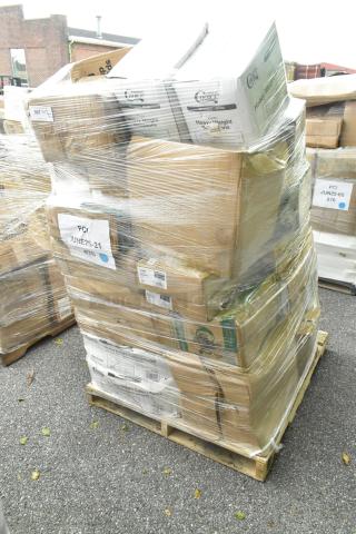 Shrink-wrapped pallet of assorted new scratch and dent items including plates, containers, and trash bags in cardboard boxes.