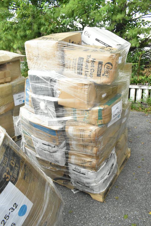 Pallet with 34 new scratch and dent items, including plates, to-go containers, and trash bags, wrapped in plastic.