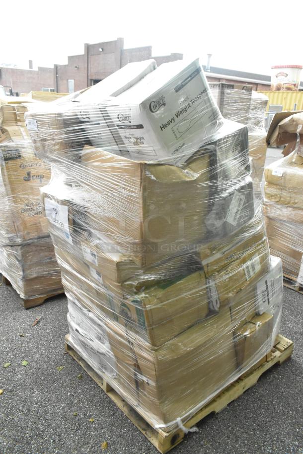 Pallet of 34 new, scratch and dent items including plates, to-go containers, and trash bags, wrapped in plastic.