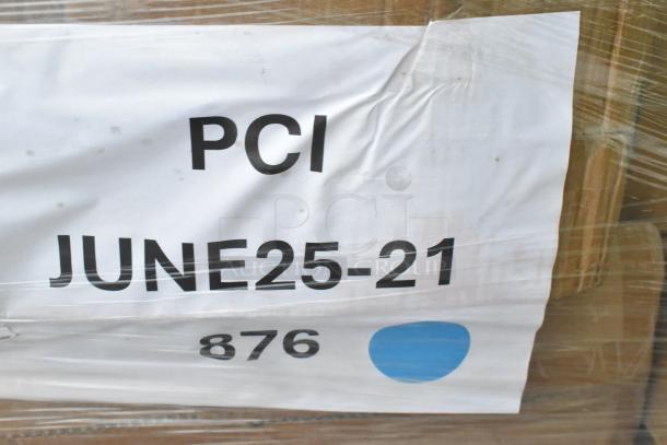 Pallet with 34 scratch and dent items, including plates and to-go containers, wrapped and labeled "PCI JUNE25-21 876".