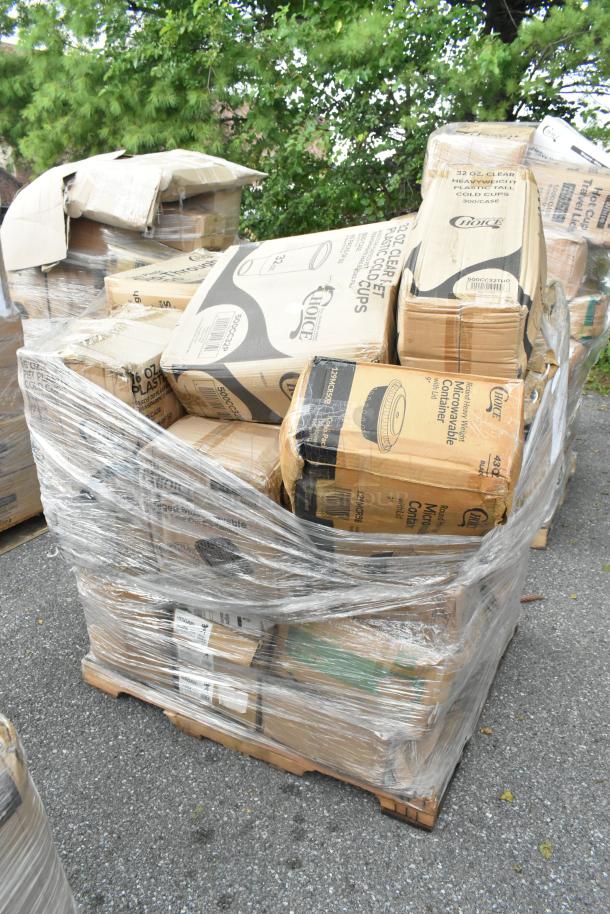 Pallet with boxes of new scratch and dent items, including deli wrap, cutlery, trash bags, containers. Labeled and wrapped.