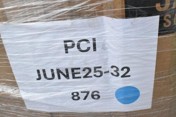 25 new scratch and dent items including deli wrap, cutlery packs, trash bags, containers. Tag reads "PCI JUNE25-32 876."