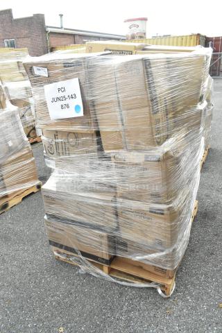 Shrink-wrapped pallet of new scratch and dent boxes labeled with PCI JUN25-143. Includes towels, napkins, containers, and cups.