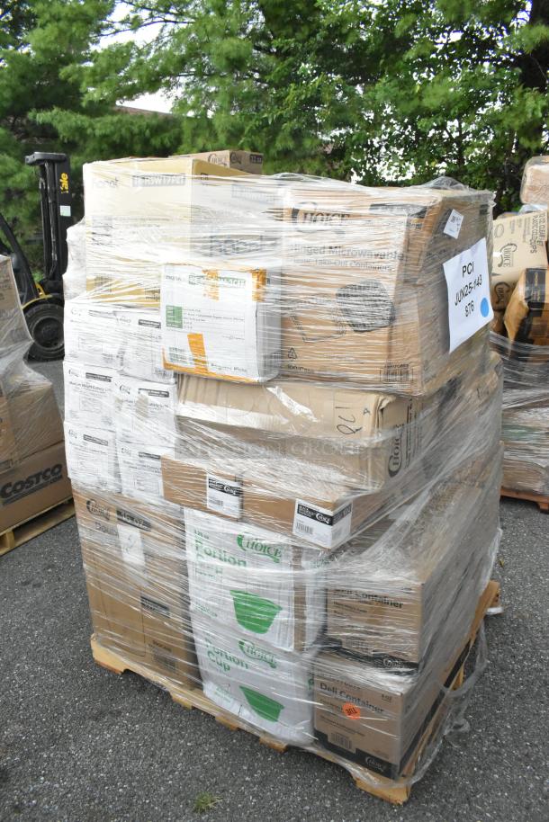 Shrink-wrapped pallet of assorted items including towels, napkins, and containers; labeled for auction, brand new condition.