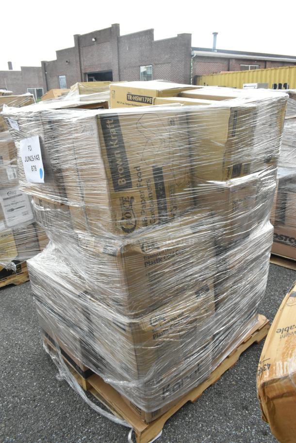 Pallet with 30 scratch and dent items including towels, napkins, containers, cups; new condition, wrapped in plastic.