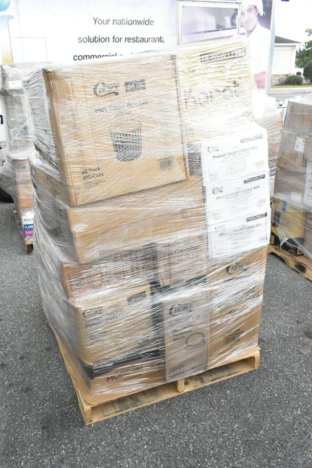 Pallet of assorted brand new items: towels, napkins, to-go containers, and cold cups, shrink-wrapped and labeled.