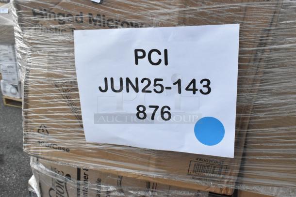 Pallet of 30 new scratch and dent items, including towels, napkins, containers, and cups. Label reads "PCI JUN25-143 876".