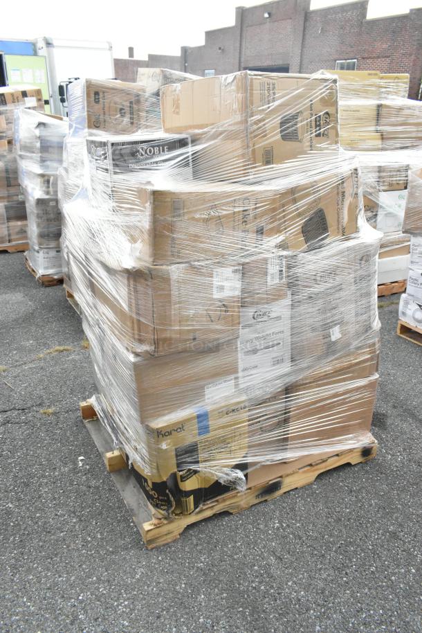 Pallet of 26 brand new scratch and dent items, including to-go containers, toilet paper, gloves. Wrapped in plastic.
