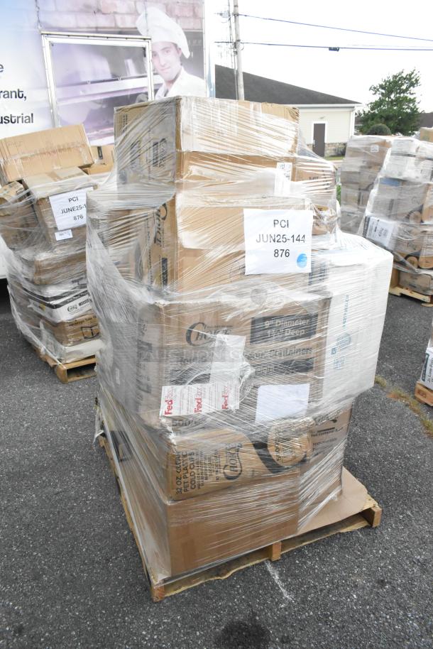 Palette of 26 brand new scratch and dent items, including to-go containers, toilet paper, and gloves, wrapped and labeled PCI JUN25-144.