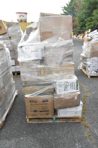 Pallet of 30 brand new scratch and dent items, including Choice food trays, toilet paper, tumblers, and containers, wrapped in plastic.