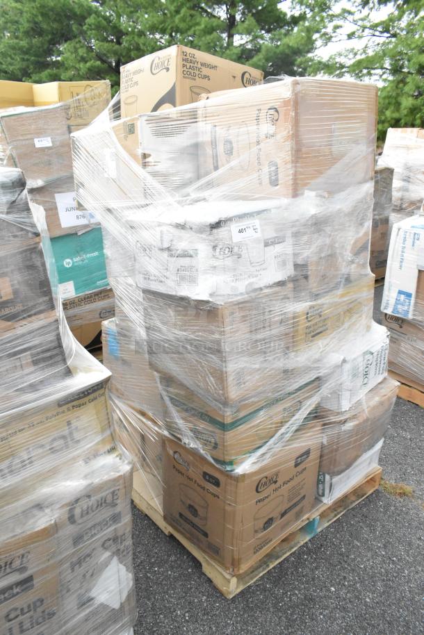 Pallet of 30 new scratch and dent items, including Choice brand food trays, toilet paper, tumblers, wrapped in plastic.